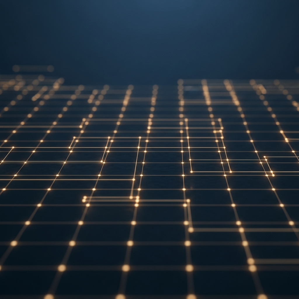 minimal dark navy abstract background with subtle glowing amber grid lines and data nodes, technology, clean, editorial