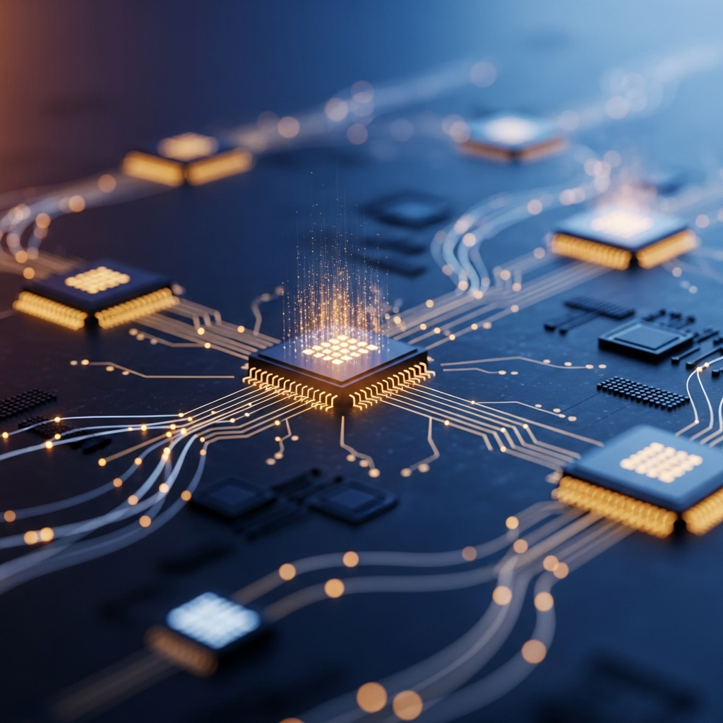 dark navy abstract cloud infrastructure visualization, glowing circuit nodes and data streams, developer aesthetic, deep blue tones with subtle amber highlights, cinematic, editorial