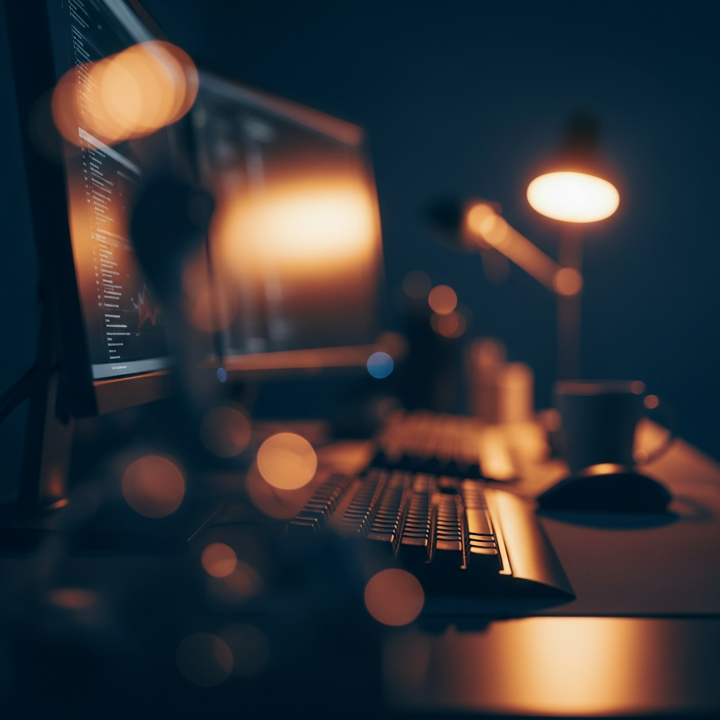 abstract soft glowing developer workspace bokeh navy blue warm amber light, editorial lifestyle